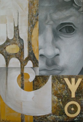 Acrylbild eines männlichen Gesichtes vor gelben, weissen und goldenen Strukturen und Symbolen